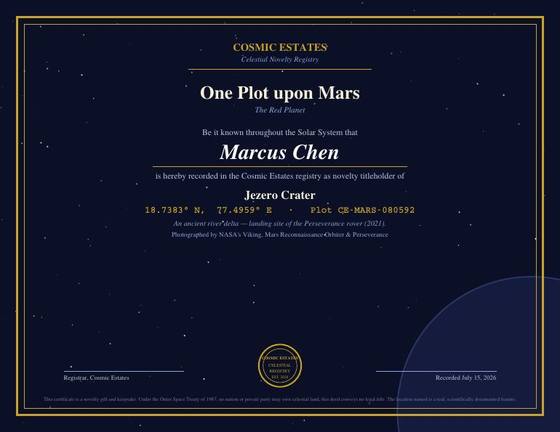 Cosmic Estates novelty deed for Mars