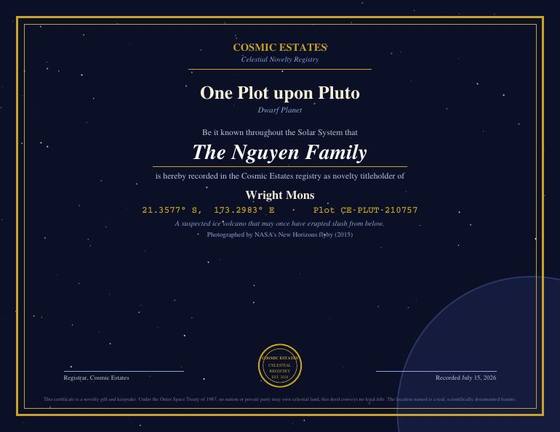 Cosmic Estates novelty deed for Pluto
