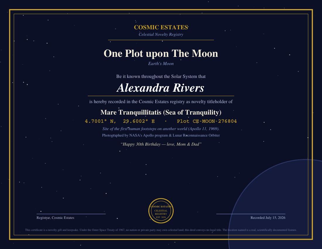 Cosmic Estates novelty deed for The Moon